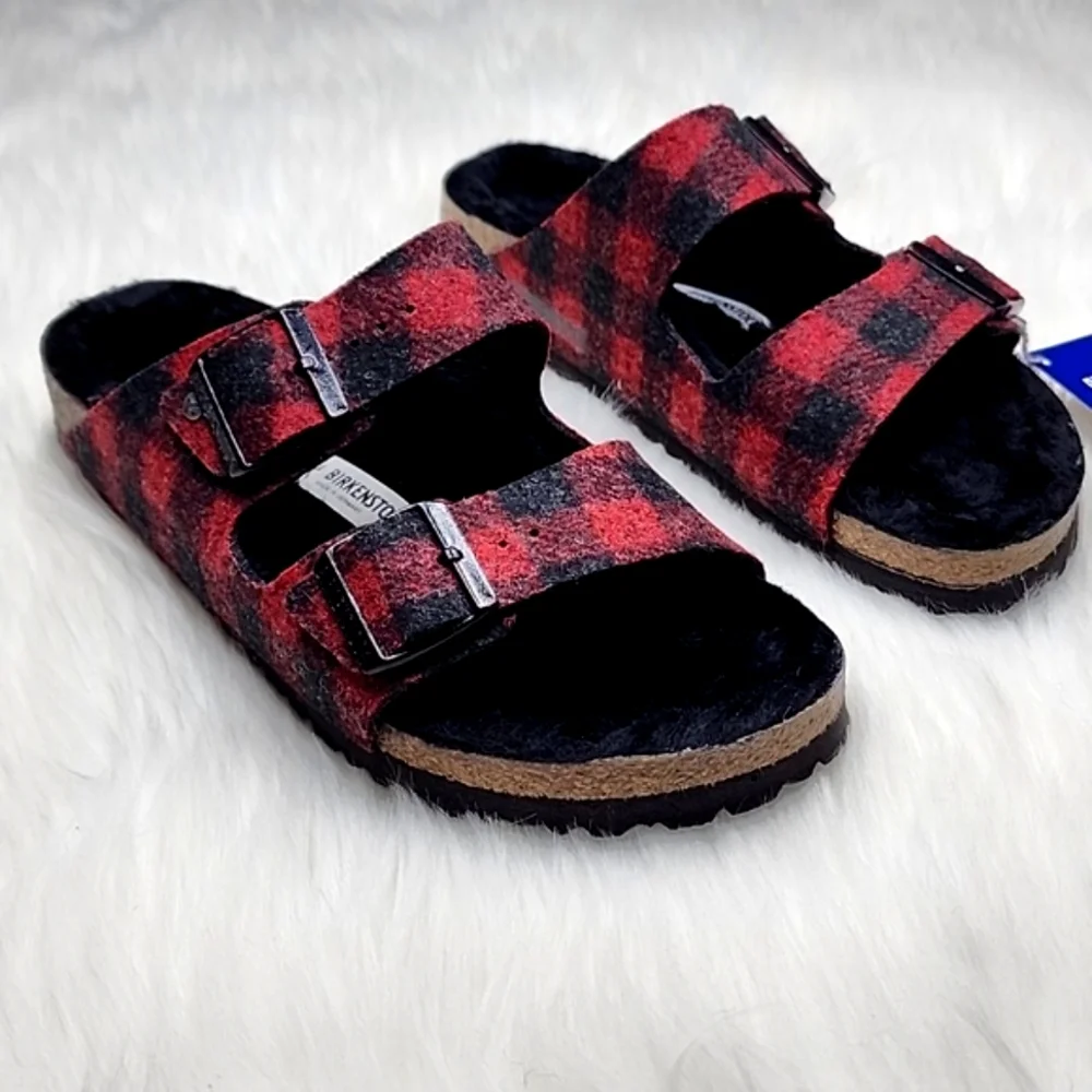 Birkenstock Arizona Wool Shearling Sandal Plaid Red